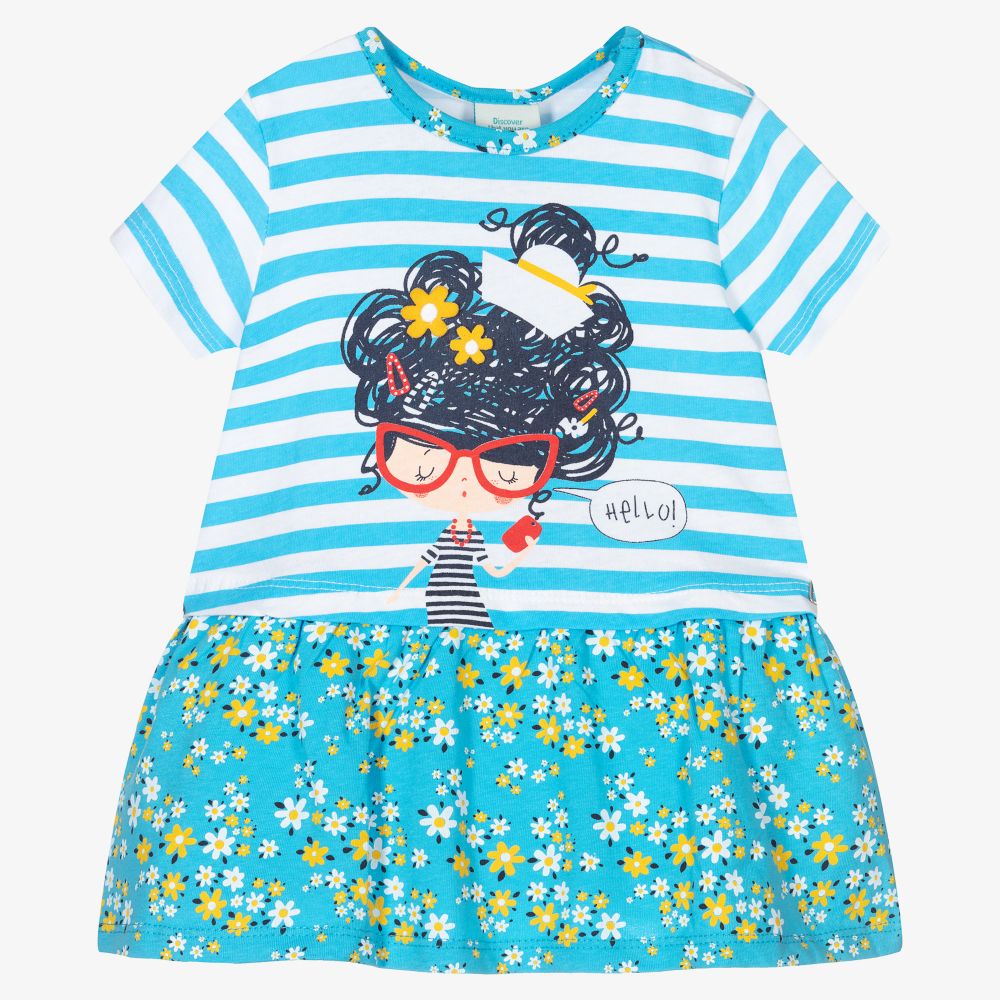 Boboli - فستان قطن مقلم لون أزرق وأبيض بطبعة ورود | Childrensalon