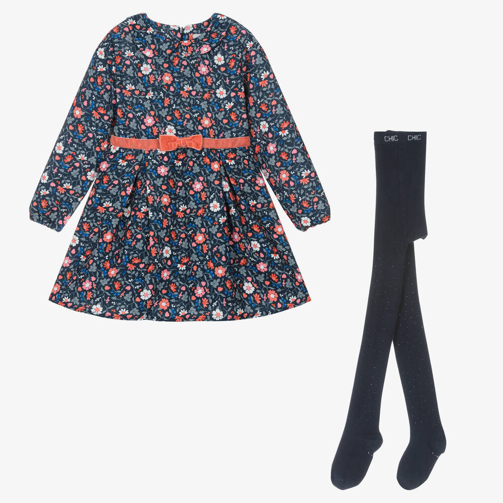 Boboli - Синее платье в цветочек и колготки | Childrensalon