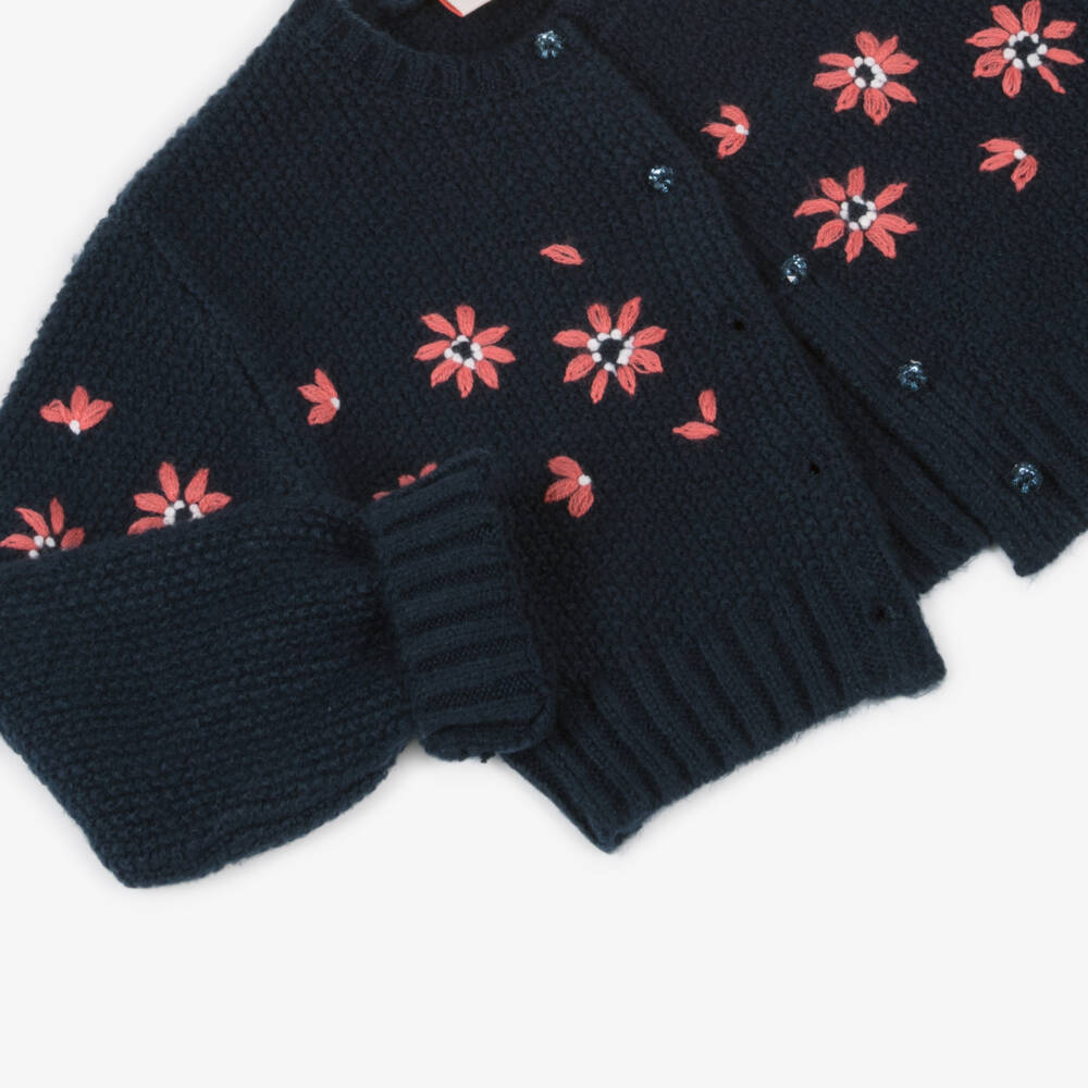 Boboli-Girls Blue Floral Knit Cardigan | Childrensalon Outlet