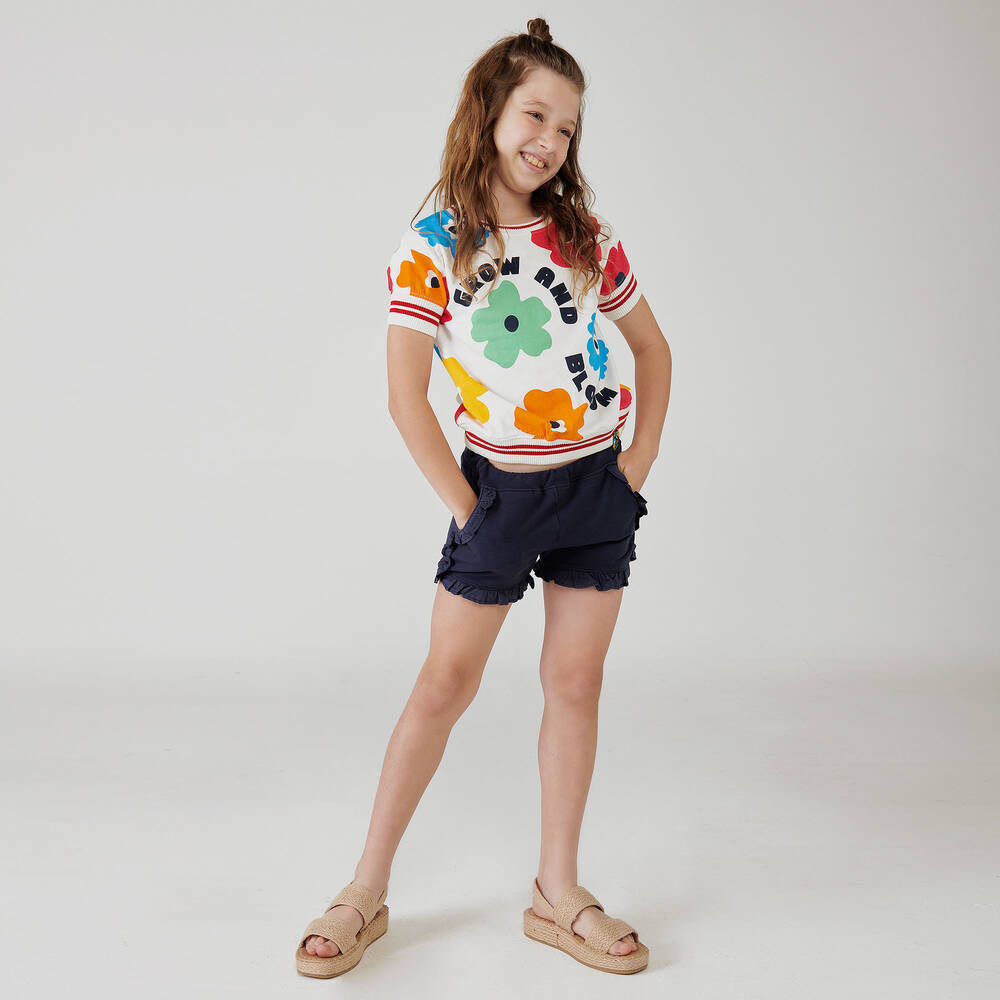 Boboli-طقم شورت قطن لون كحلي وأبيض بطبعة ورود للبنات | Childrensalon Outlet