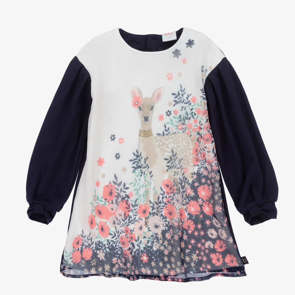 Boboli-Girls Blue & Ivory Deer Dress | Childrensalon Outlet