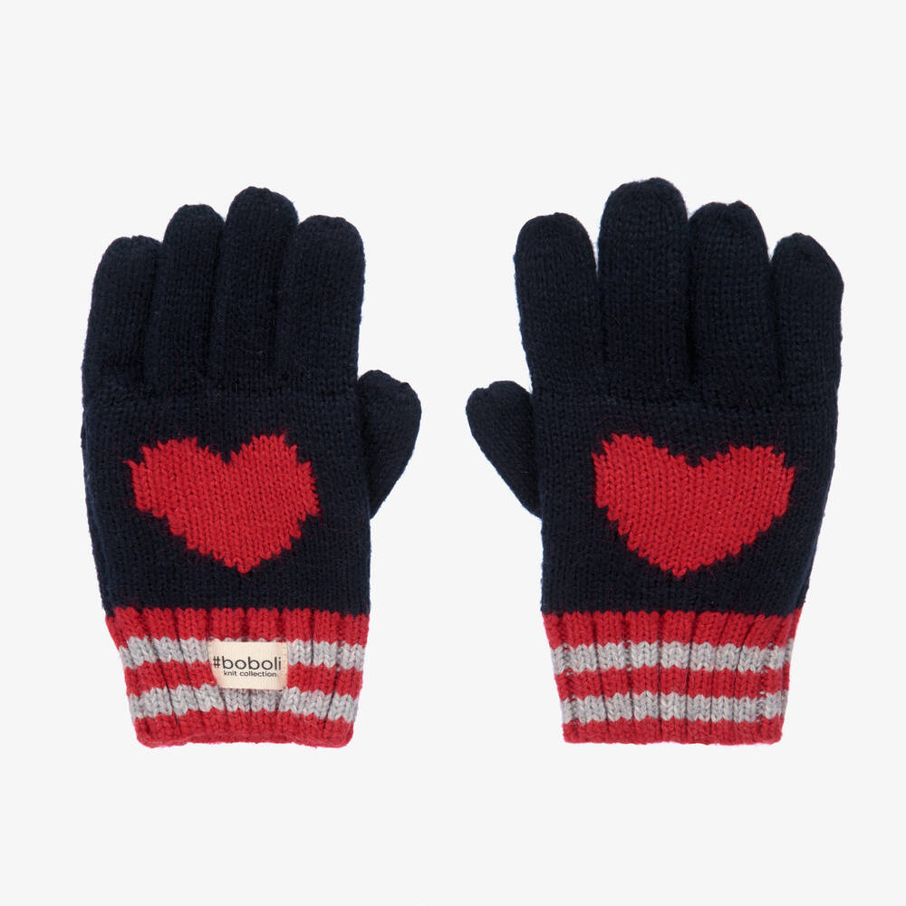 Boboli - Girls Blue Knitted Heart Gloves | Childrensalon