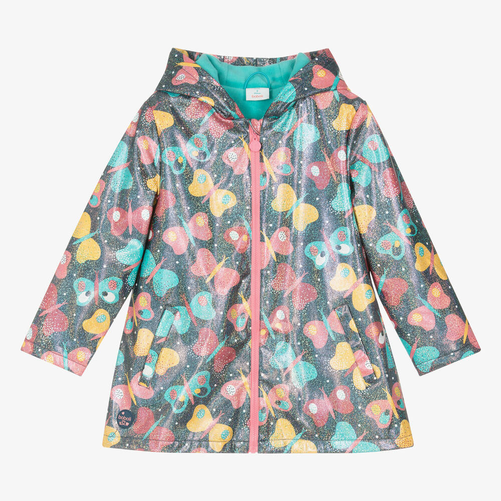 Boboli - Girls Blue Sparkly Butterfly Print Raincoat | Childrensalon
