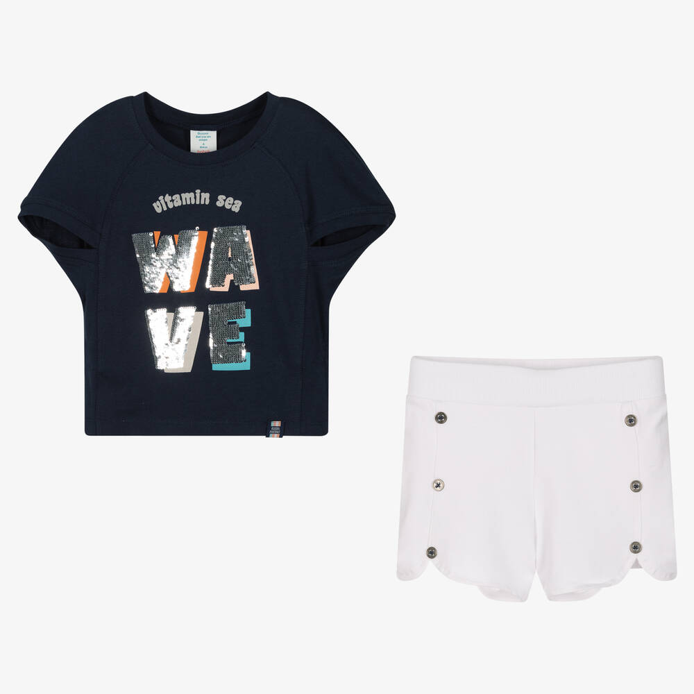 Boboli-Girls Blue & White Cotton Shorts Set | Childrensalon Outlet