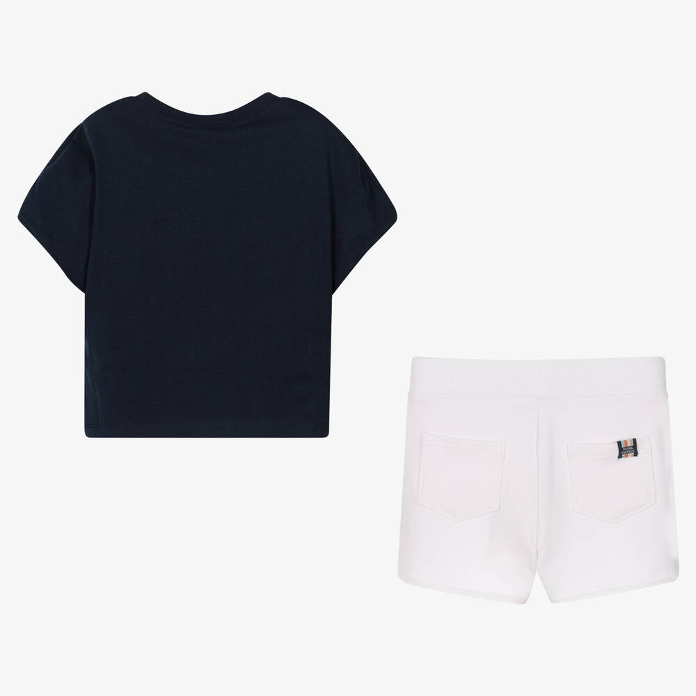 Boboli-Girls Blue & White Cotton Shorts Set | Childrensalon Outlet