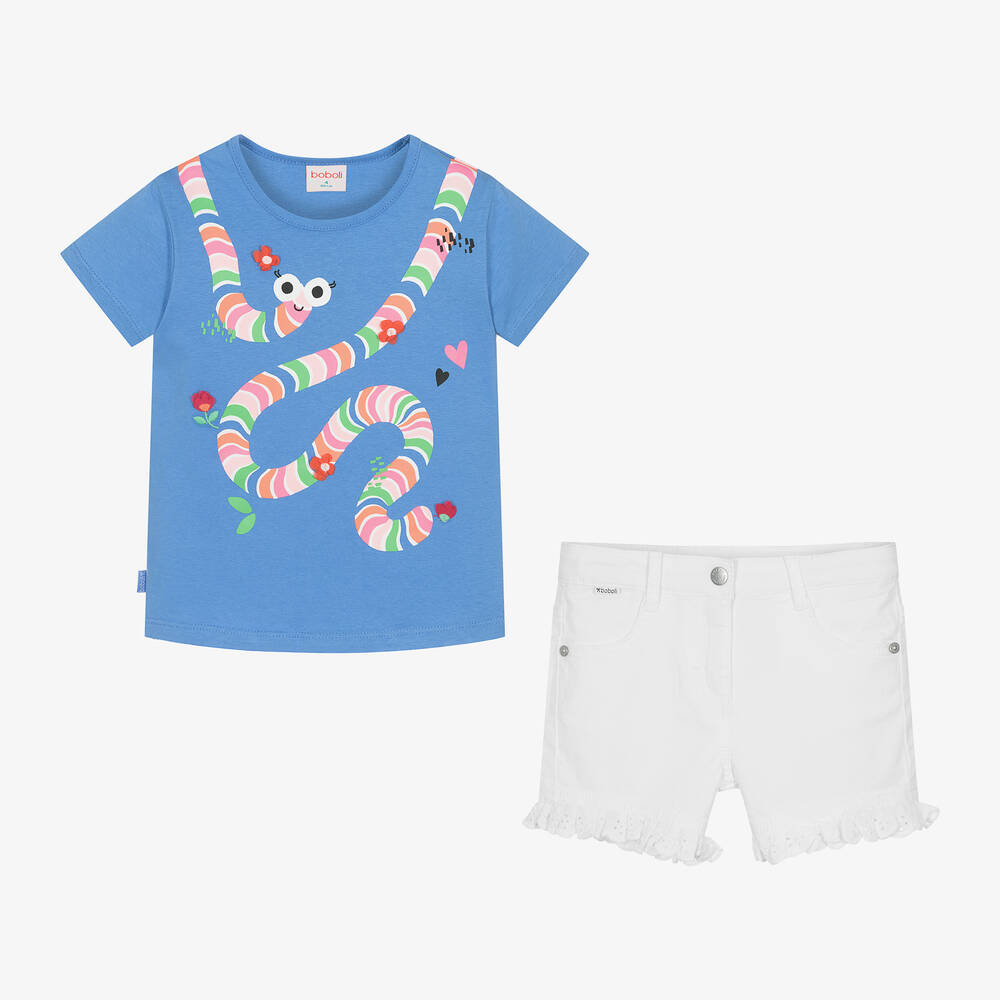Boboli-Girls Blue & White Worm Shorts Set | Childrensalon Outlet
