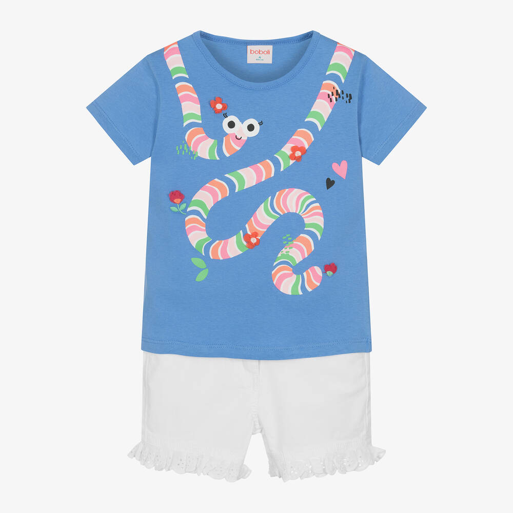 Boboli-Girls Blue & White Worm Shorts Set | Childrensalon Outlet