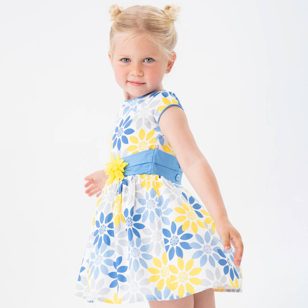 Boboli-Girls Blue & Yellow Floral Cotton Dress | Childrensalon Outlet