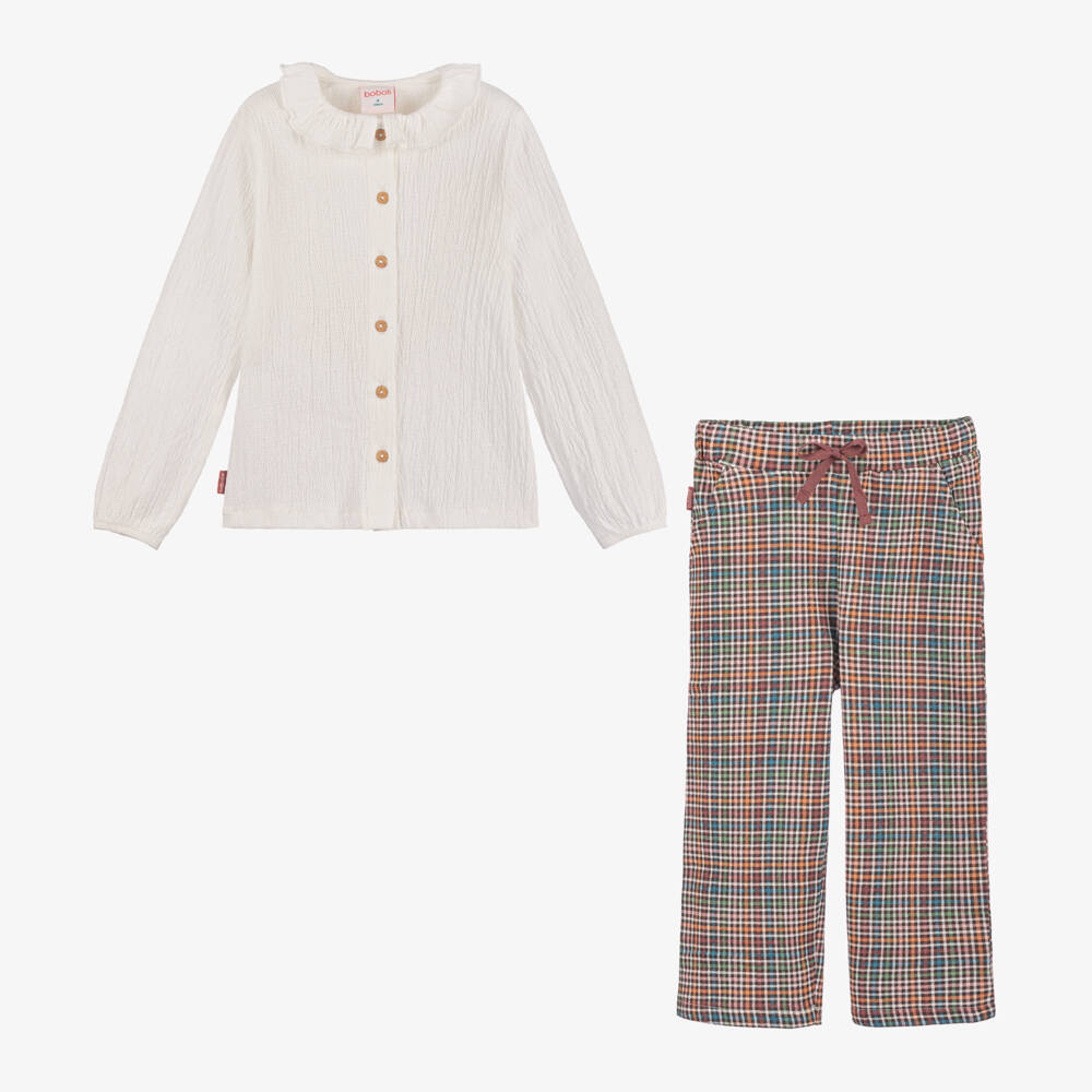 Boboli-Girls Cream & Plaid Cotton Ensemble | Childrensalon Outlet