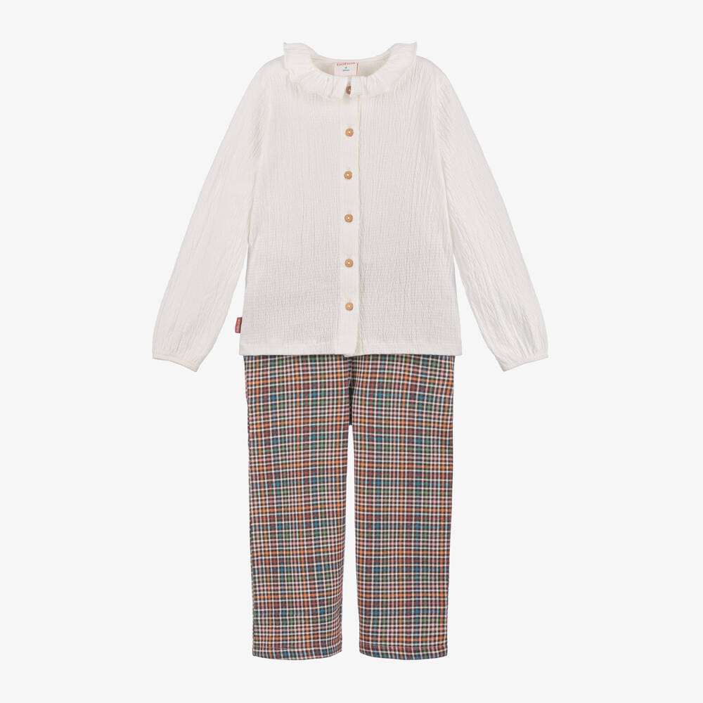 Boboli-طقم بنطلون كاروهات قطن لون عاجي للبنات | Childrensalon Outlet