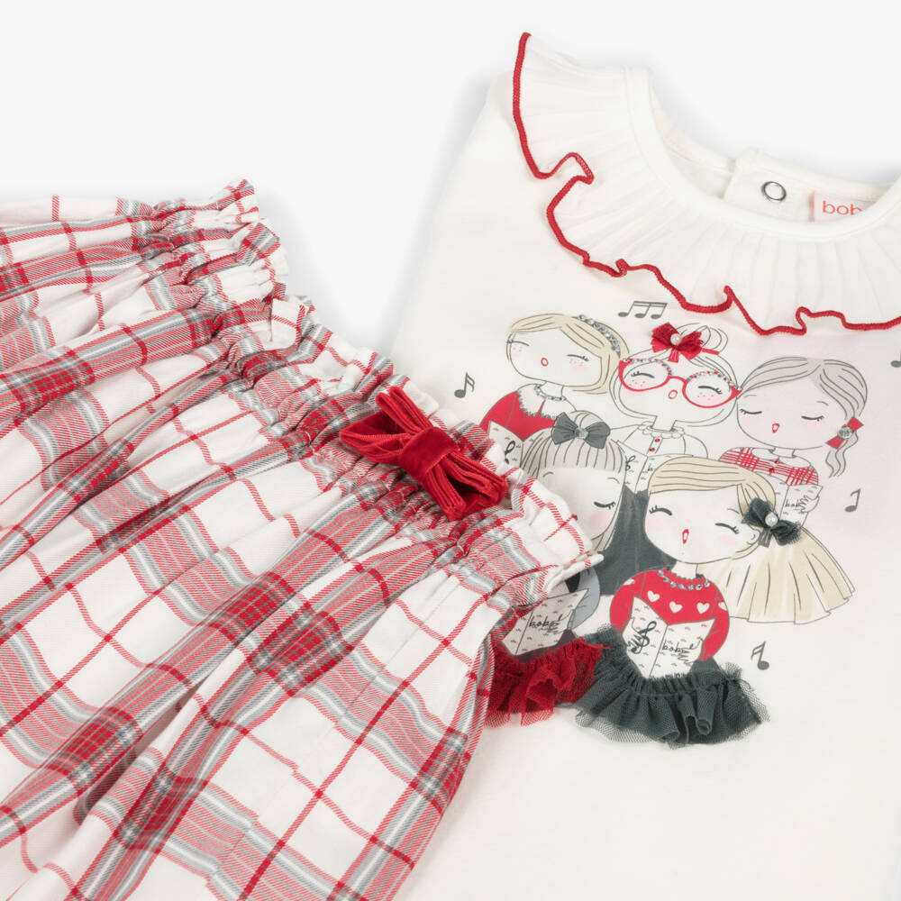Boboli-Girls Cream & Scarlet Plaid Outfit | Childrensalon Outlet