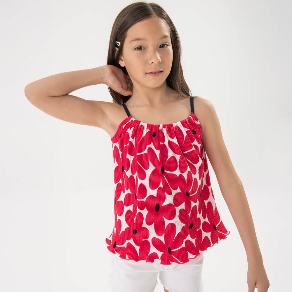 Boboli-Girls Crimson Blossoms Cotton Shorts Ensemble | Childrensalon Outlet