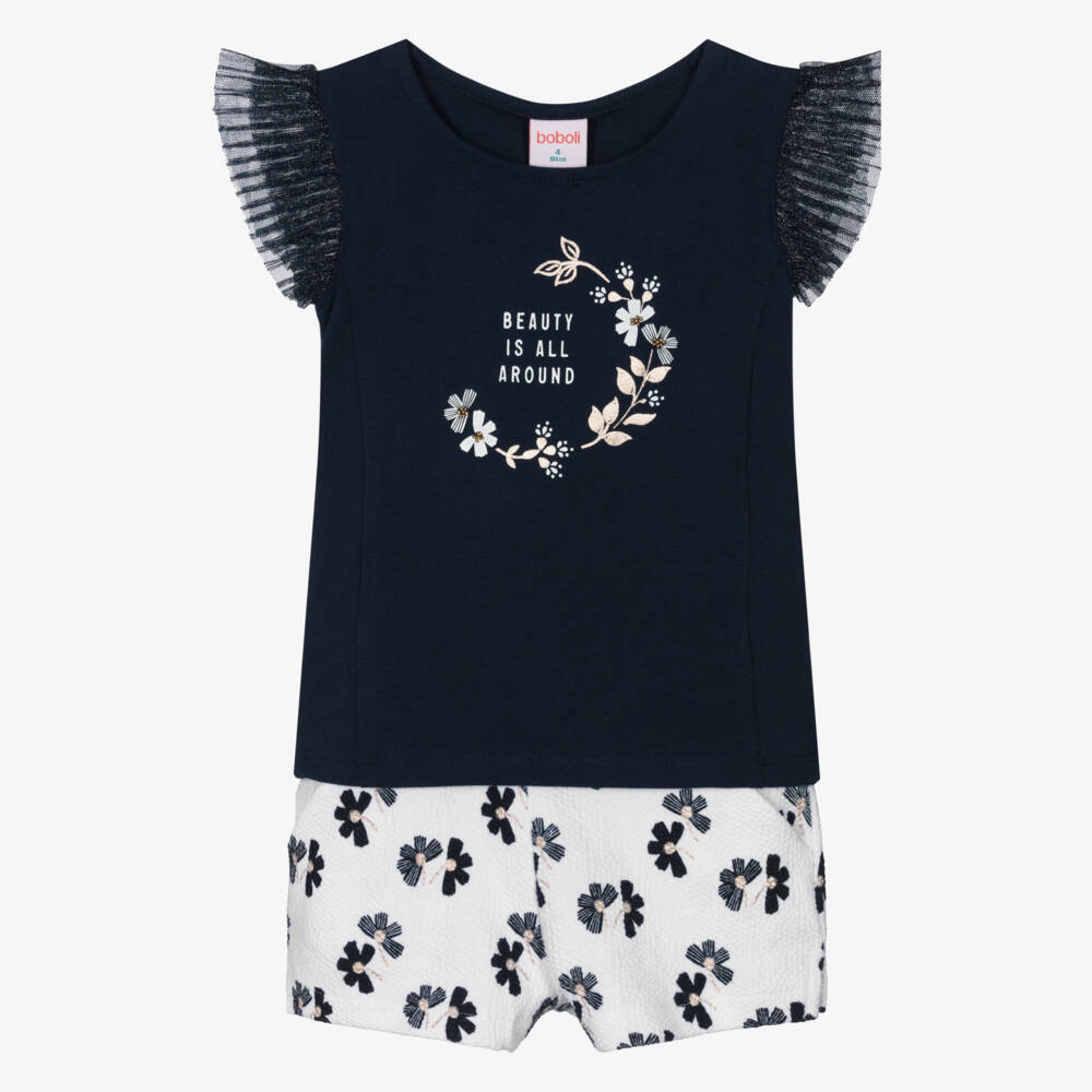 Boboli-Girls Elegant Navy Cotton Ensemble | Childrensalon Outlet