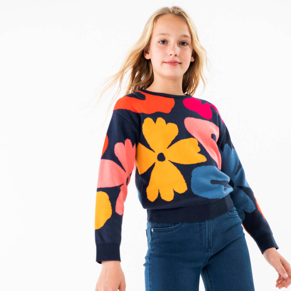 Boboli-Girls Floral Knit Blue Sweater | Childrensalon Outlet