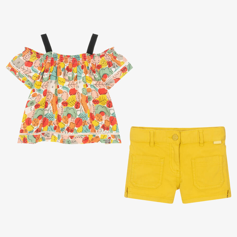 Boboli-طقم شورت فيسكوز لون أصفر موتارد وطبعة ورود | Childrensalon Outlet