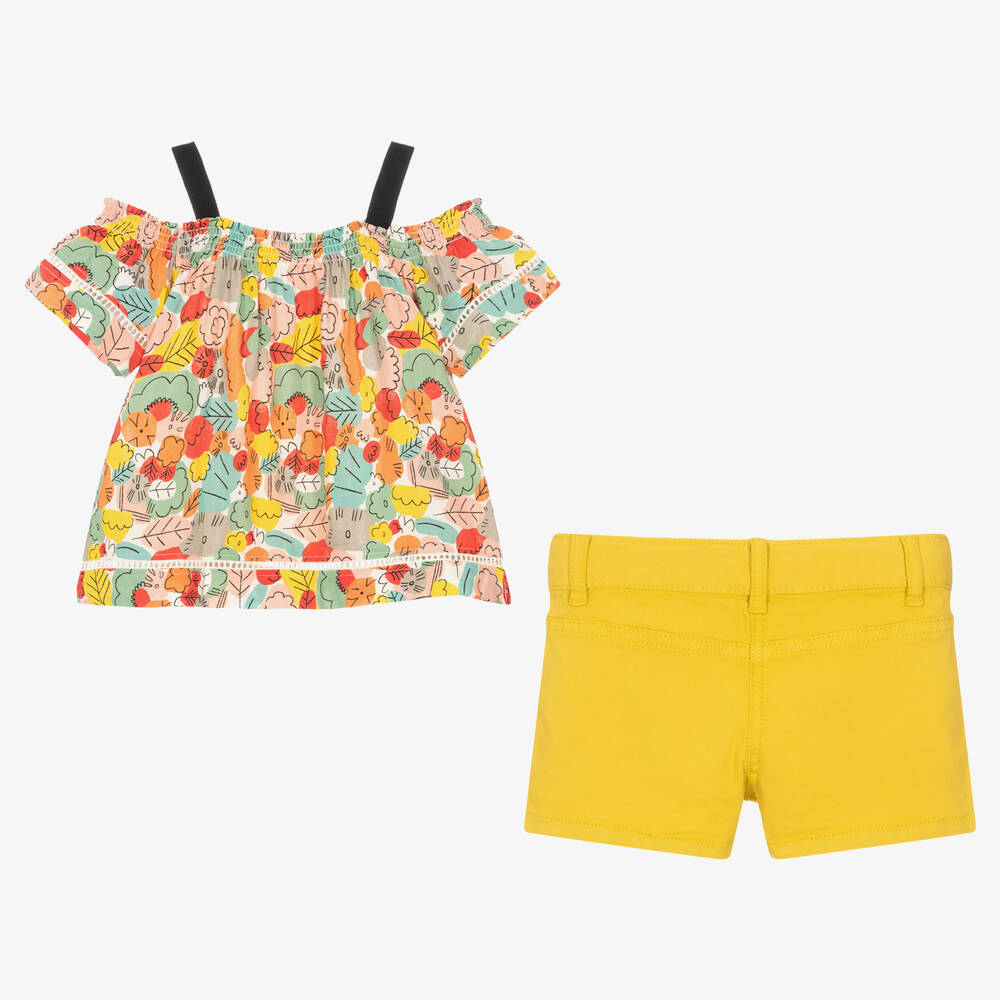 Boboli-طقم شورت فيسكوز لون أصفر موتارد وطبعة ورود | Childrensalon Outlet
