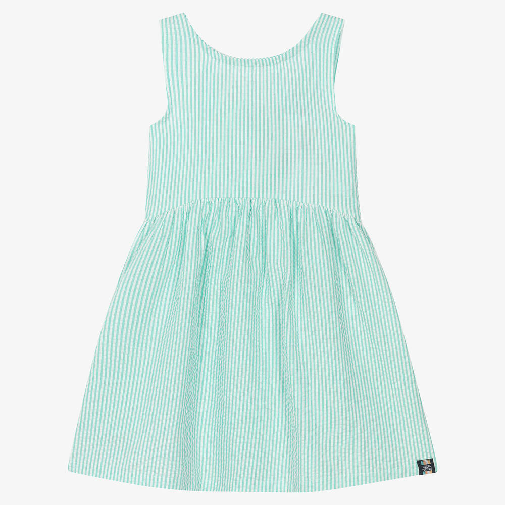 Boboli - Girls Green Striped Seersucker Dress  | Childrensalon