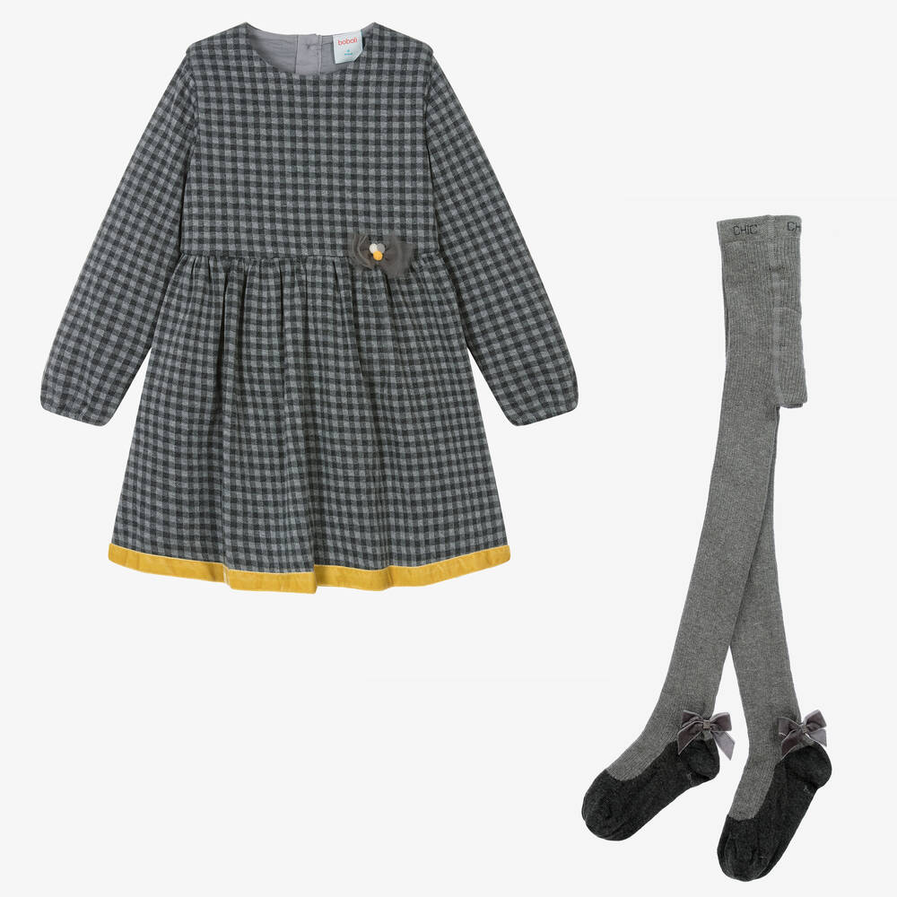 Boboli - Серое платье в клетку и колготки  | Childrensalon