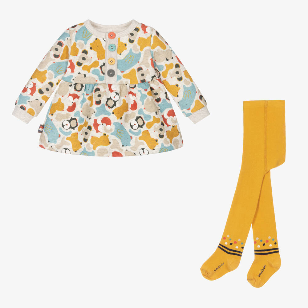 Boboli - طقم فستان وكولون قطن لون رمادي وأصفر | Childrensalon