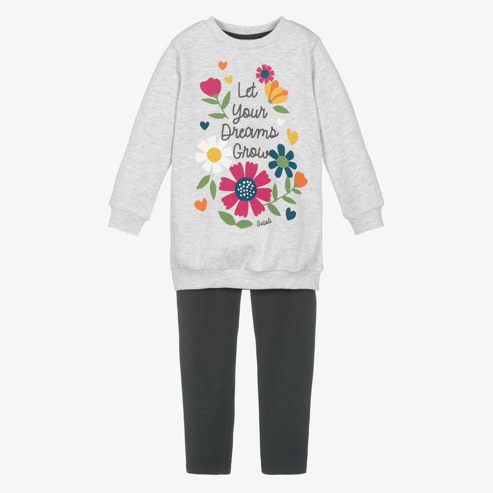 Boboli - Girls Grey Cotton Floral Leggings Set | Childrensalon