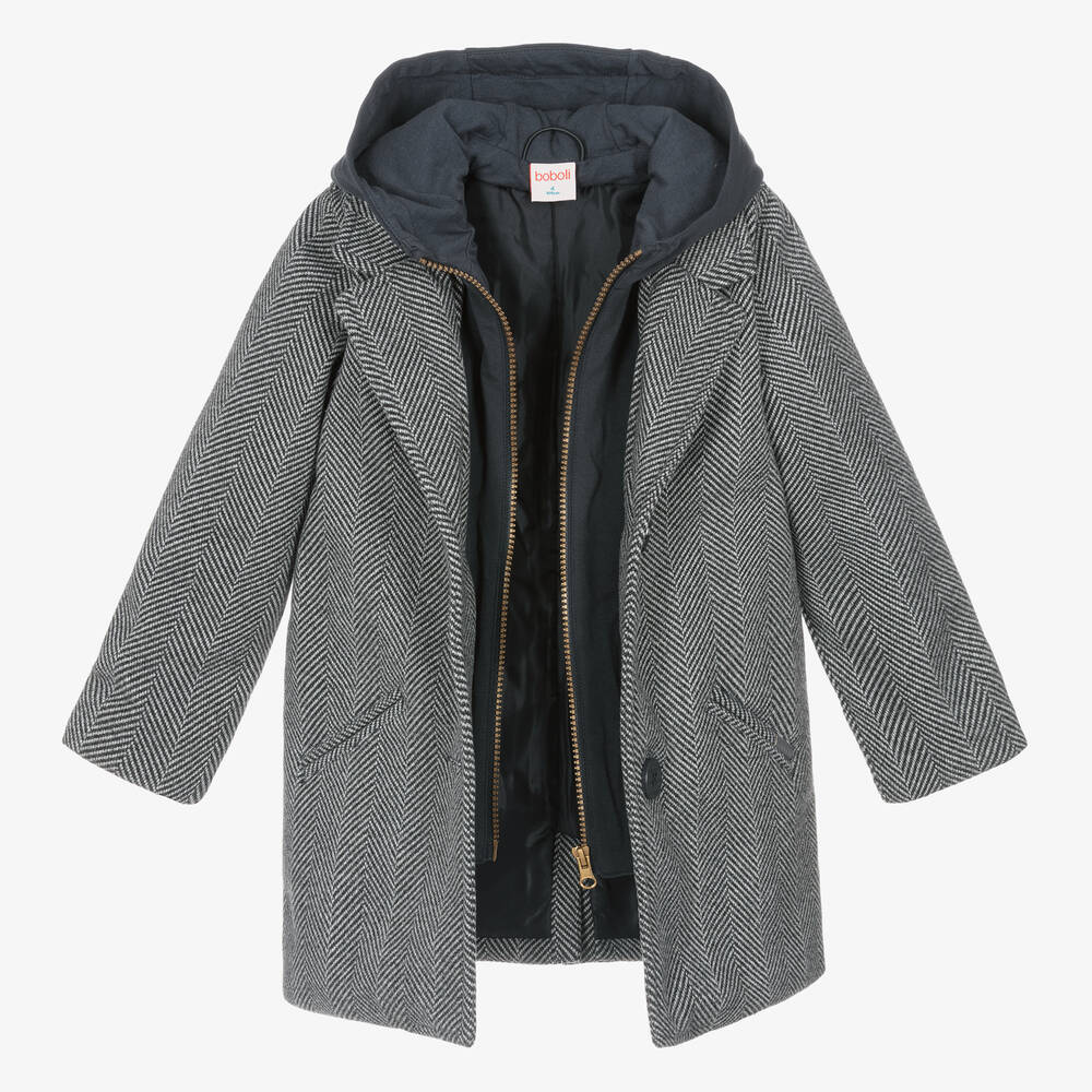 Boboli-Girls Grey Herringbone Coat | Childrensalon Outlet
