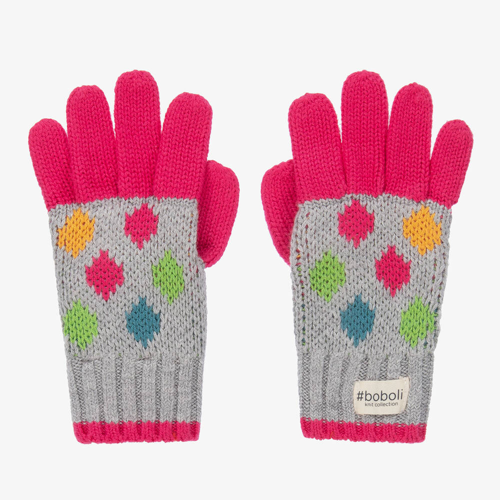 Boboli - Girls Grey & Pink Knit Gloves | Childrensalon