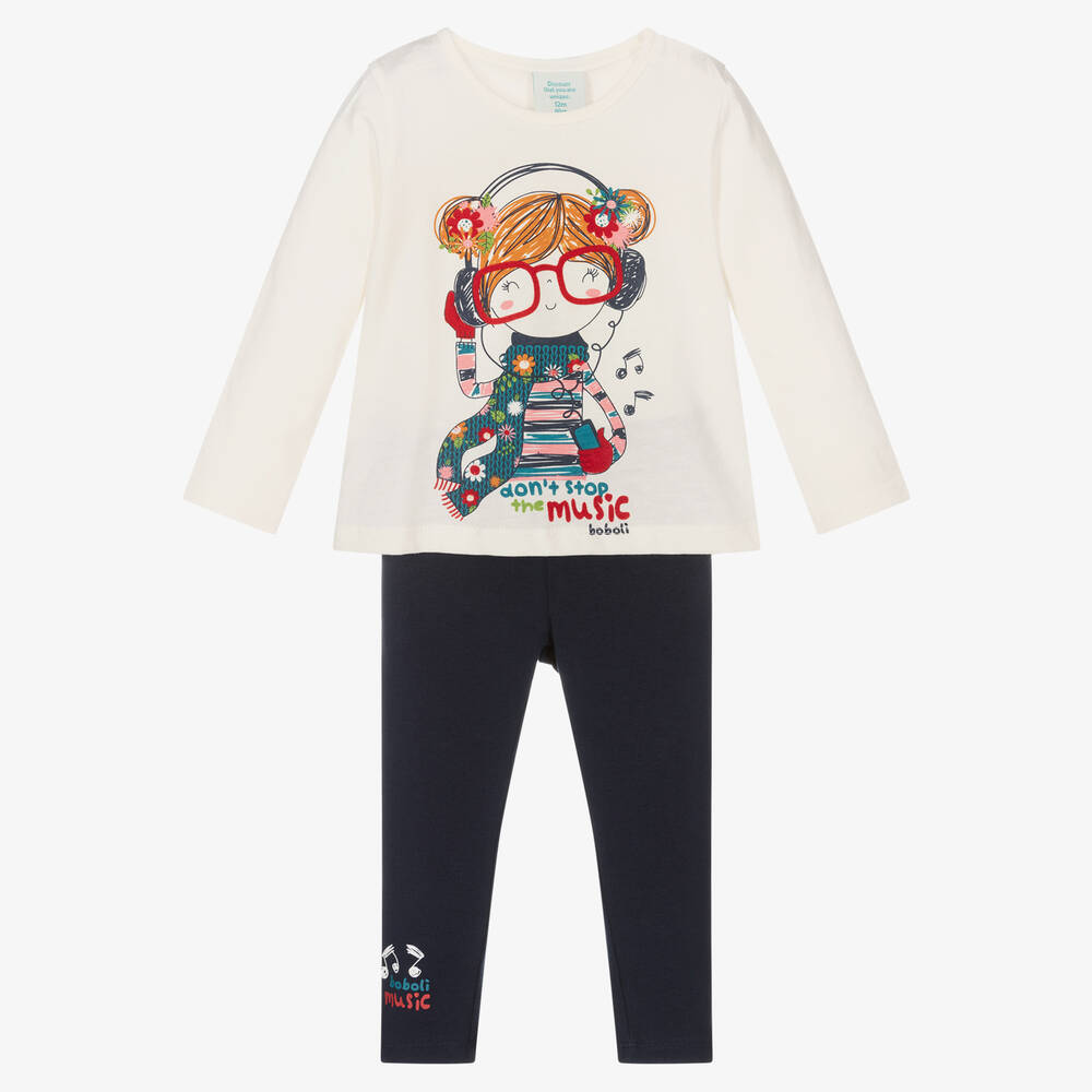 Boboli-طقم ليغنغز قطن جيرسي لون عاجي وأزرق للبنات | Childrensalon Outlet