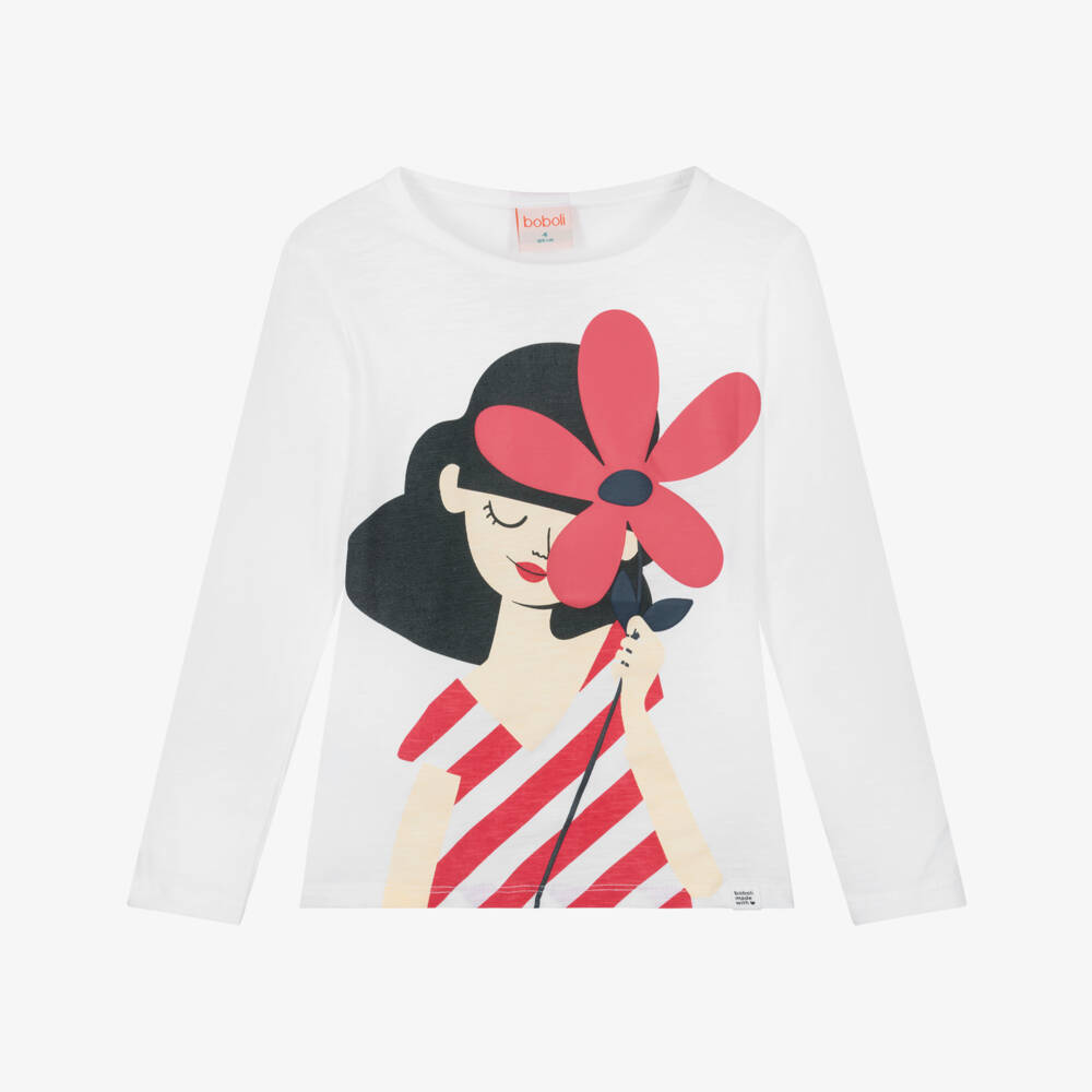 Boboli-بلوزة قطنية عاجية مزينة بالزهور للبنات | Childrensalon Outlet