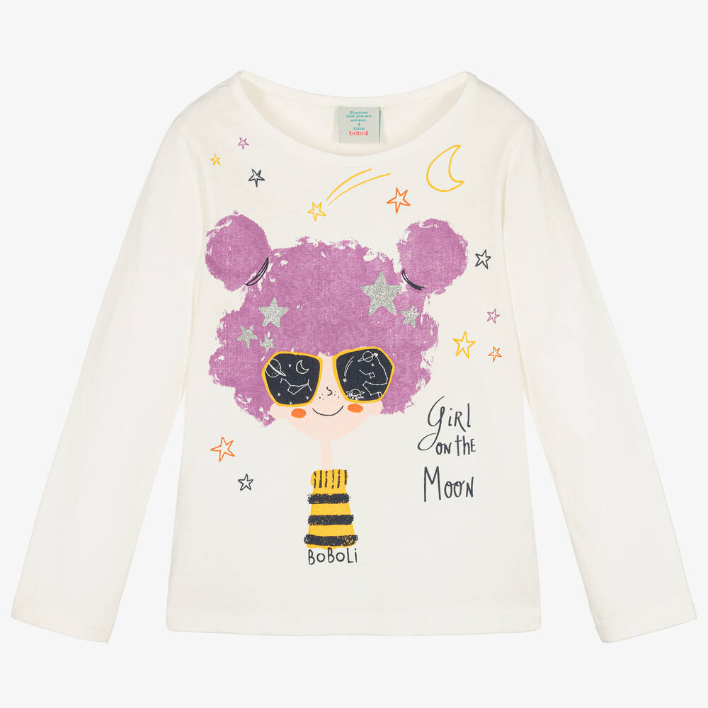 Boboli - Girls Ivory Cotton Graphic Top | Childrensalon