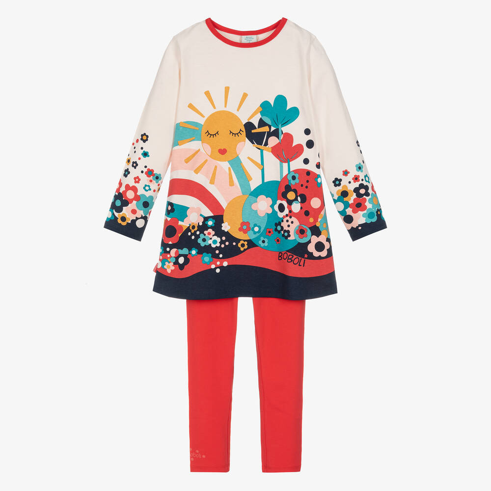 Boboli - طقم ليقنز  وفستان قطن جيرسي لون عاجي وأحمر للبنات | Childrensalon