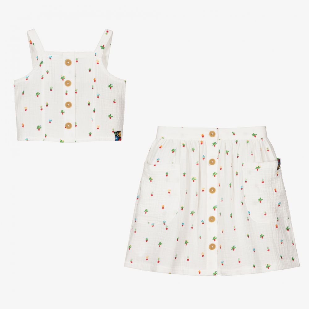 بوبولي-طقم تنورة قطن لون عاجي بطبعة ورود | Childrensalon Outlet