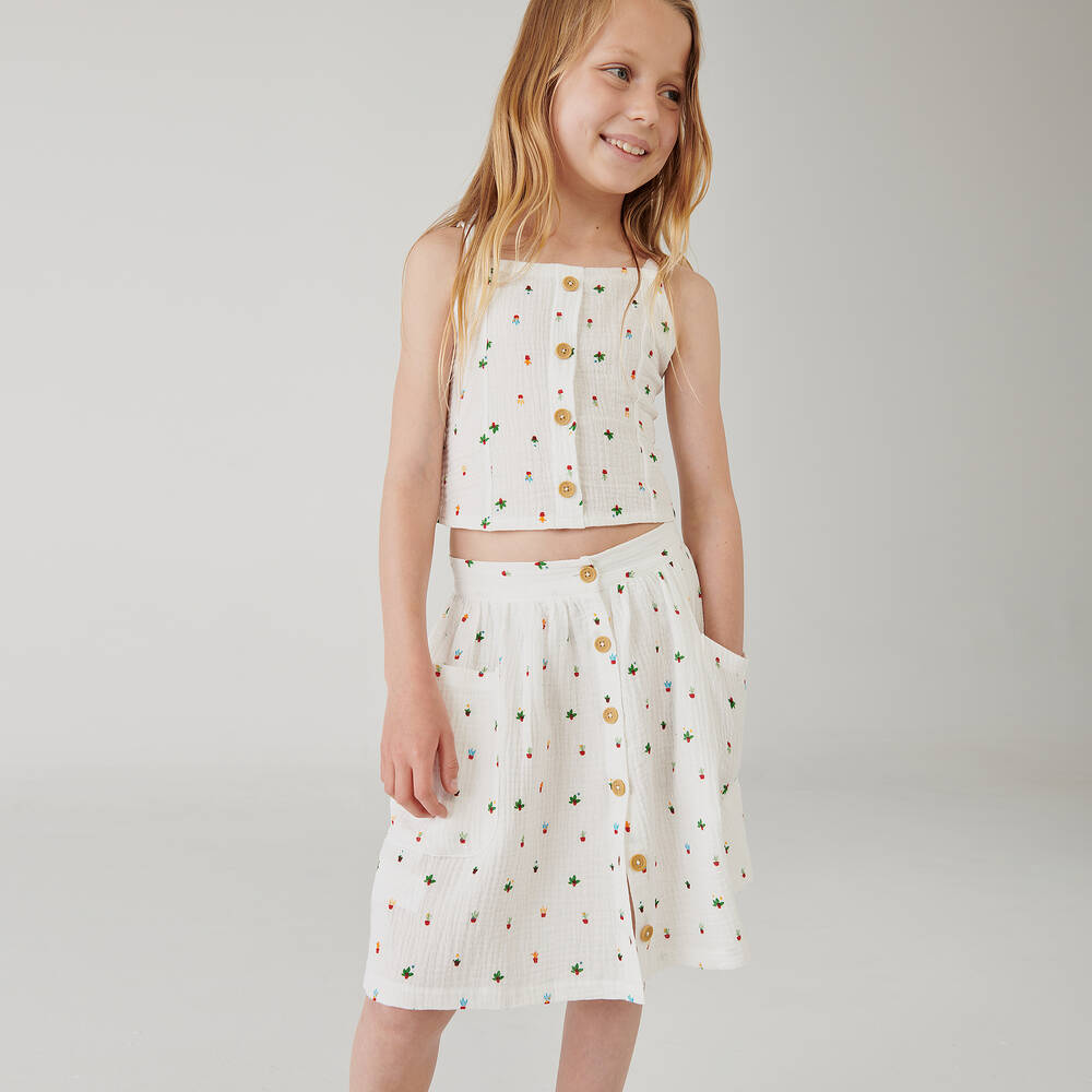 بوبولي-طقم تنورة قطن لون عاجي بطبعة ورود | Childrensalon Outlet