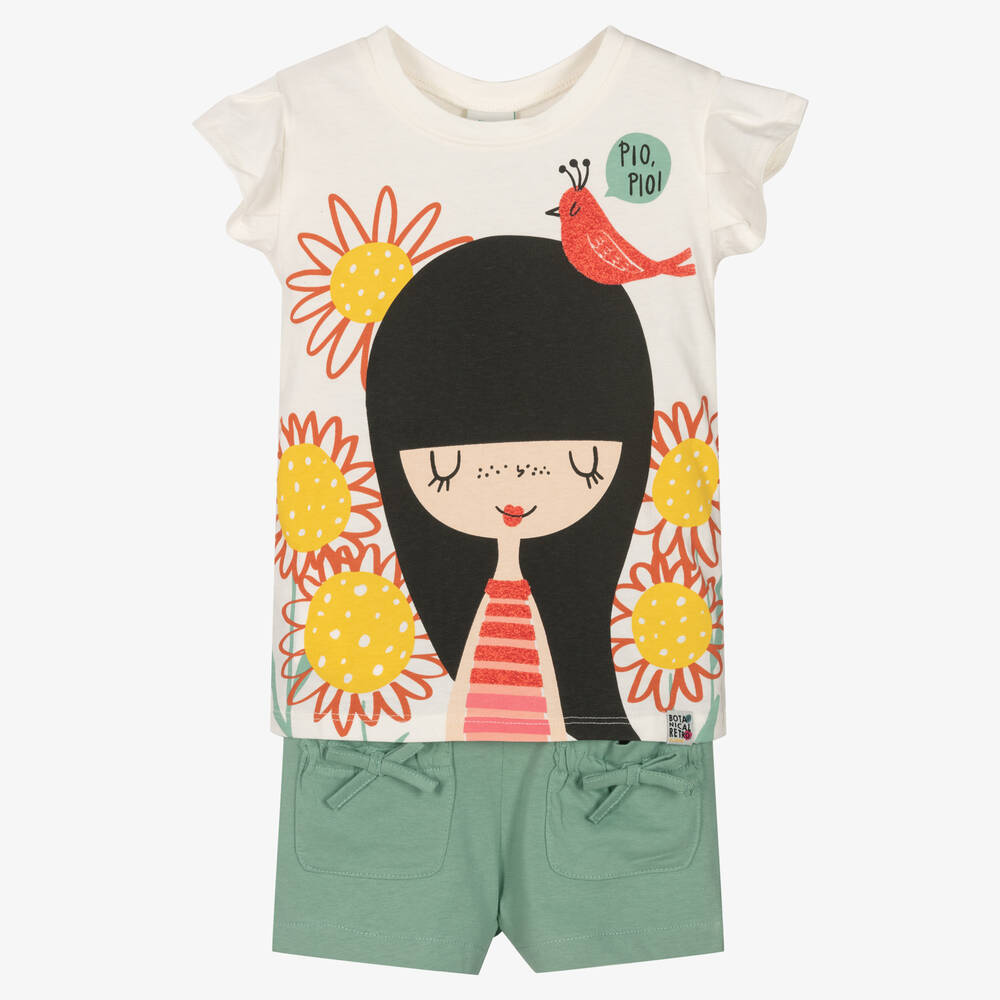 Boboli - Girls Ivory & Green Cotton Shorts Set | Childrensalon