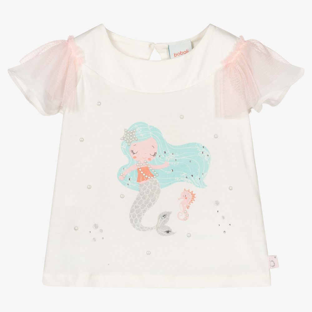 Boboli - Кремовая футболка с Русалочкой для девочек | Childrensalon