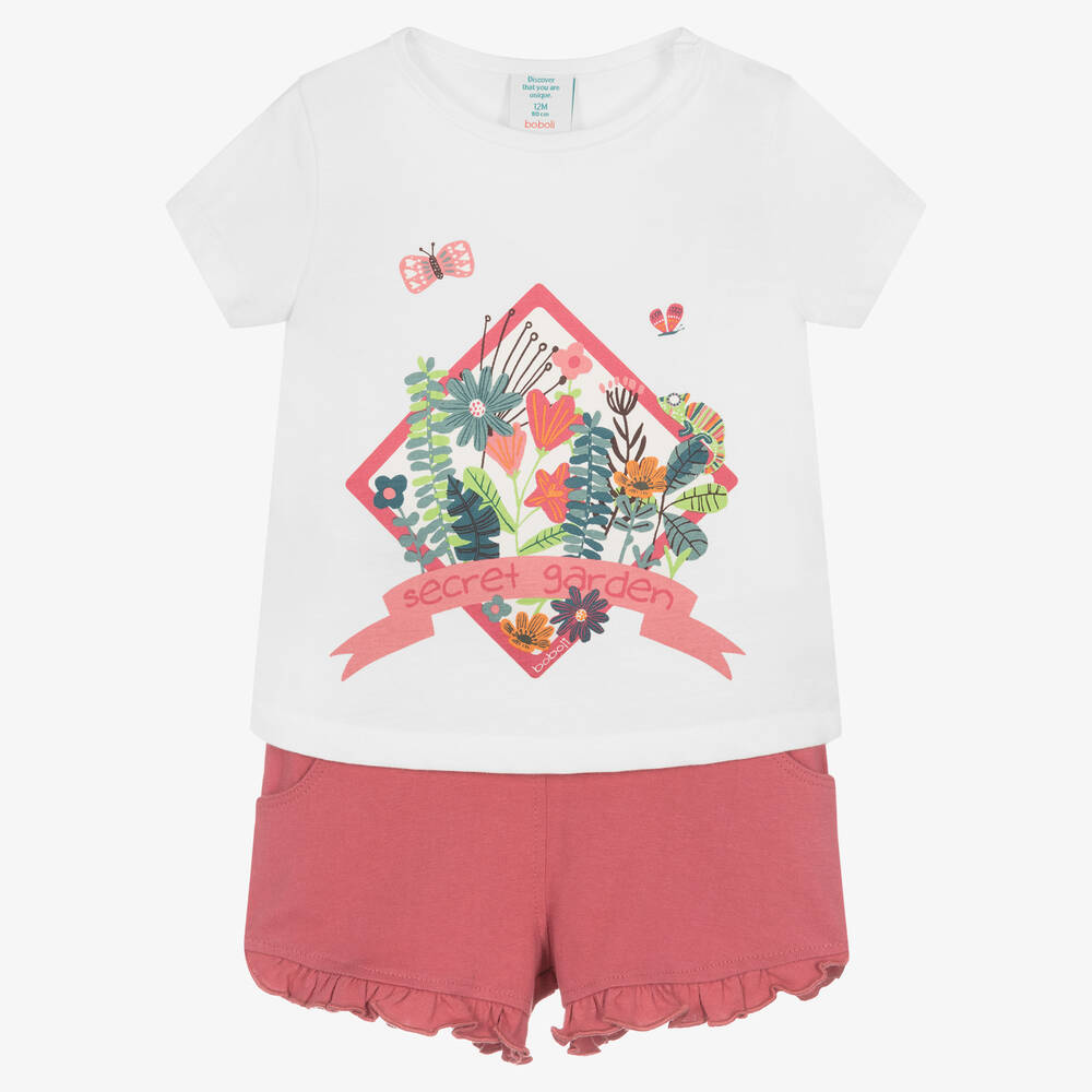 Boboli - Girls Ivory & Pink Cotton Shorts Set | Childrensalon