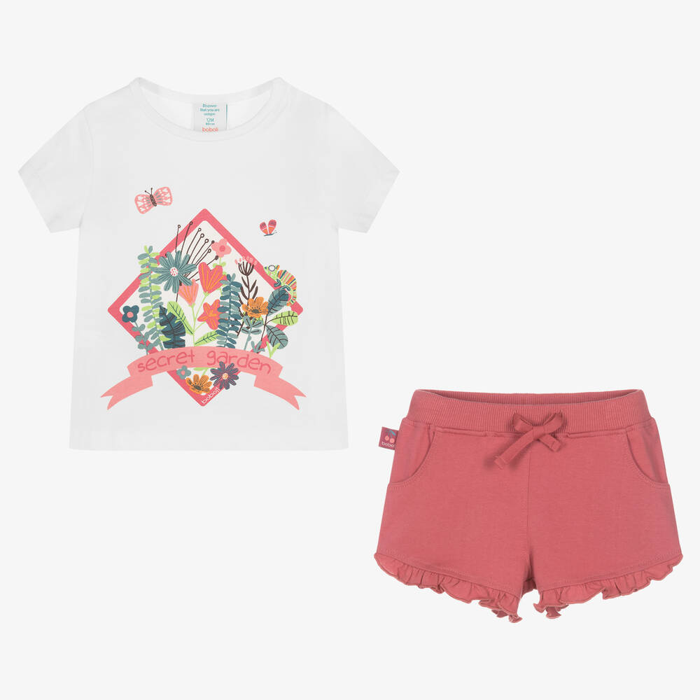Boboli-طقم شورت قطن لون عاجي وزهري للبنات | Childrensalon Outlet
