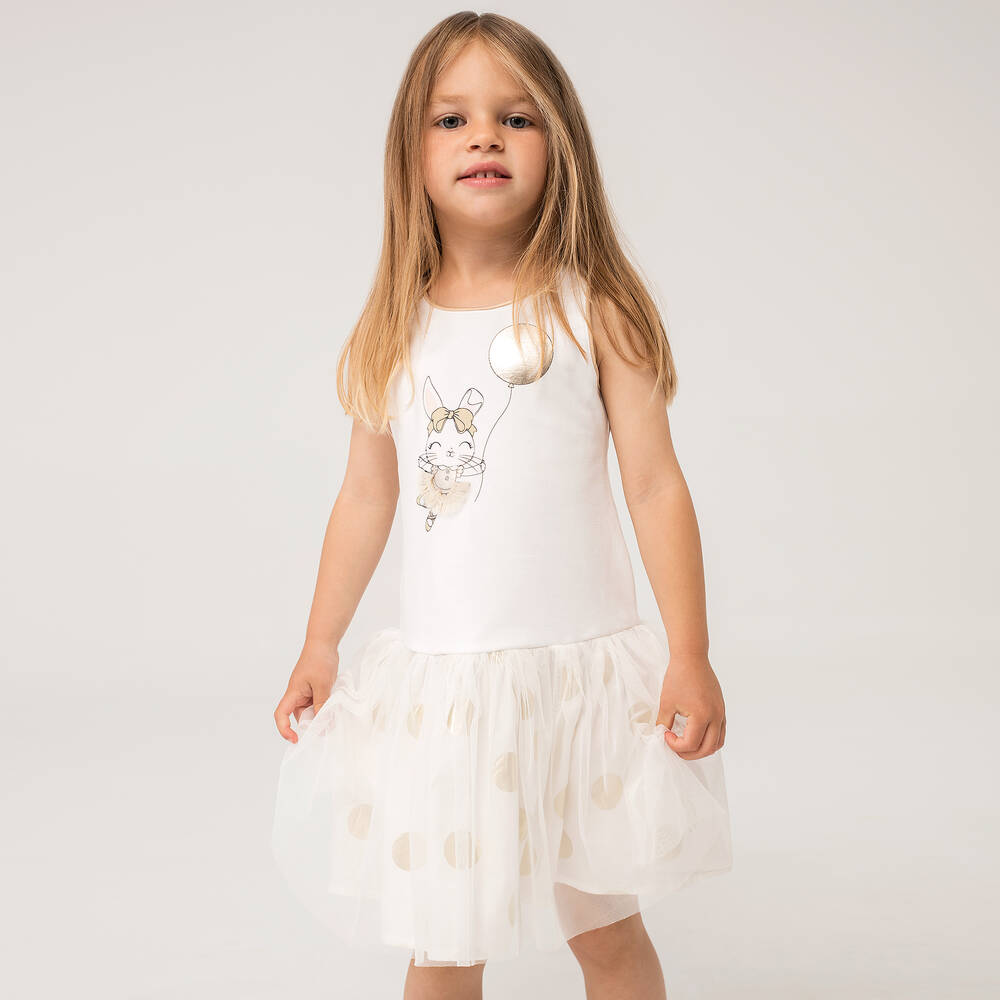 Boboli-Girls Ivory Rabbit Print Tulle Dress | Childrensalon Outlet