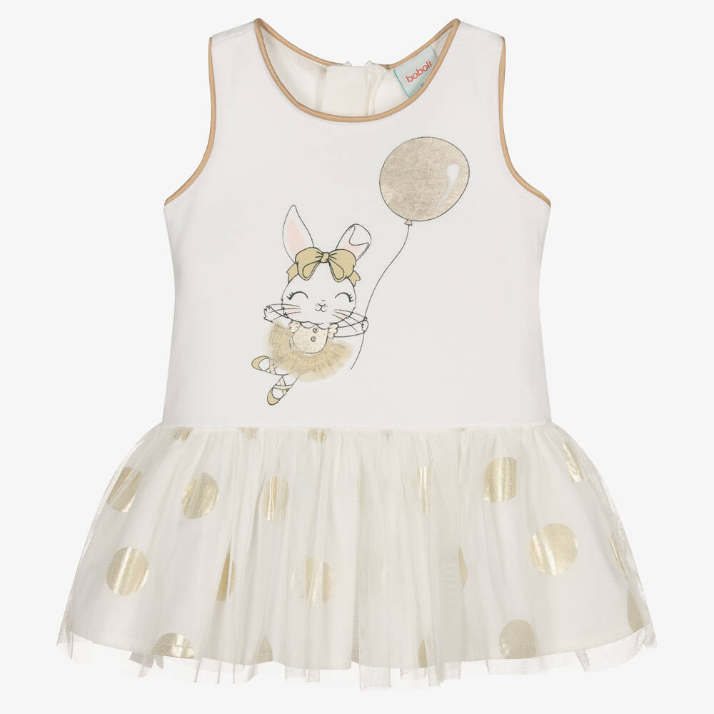 Boboli - Girls Ivory Rabbit Print Tulle Dress | Childrensalon