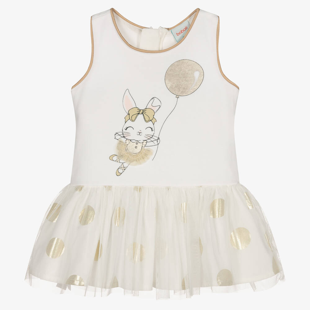 Boboli-Girls Ivory Rabbit Print Tulle Dress | Childrensalon Outlet