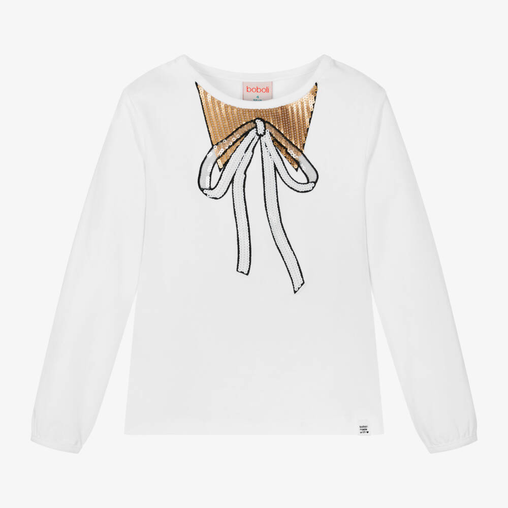 Boboli-Girls Long Sleeve Sequin Bow Tee | Childrensalon Outlet