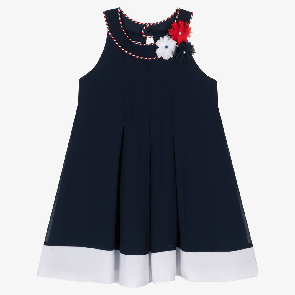 Boboli - Girls Navy Blue Crêpe Flower Dress | Childrensalon