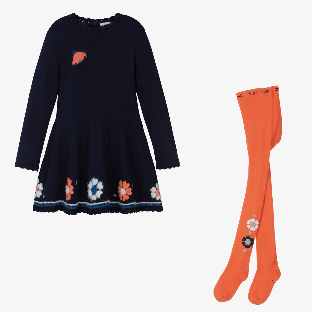 Boboli - Синее платье и оранжевые колготки | Childrensalon