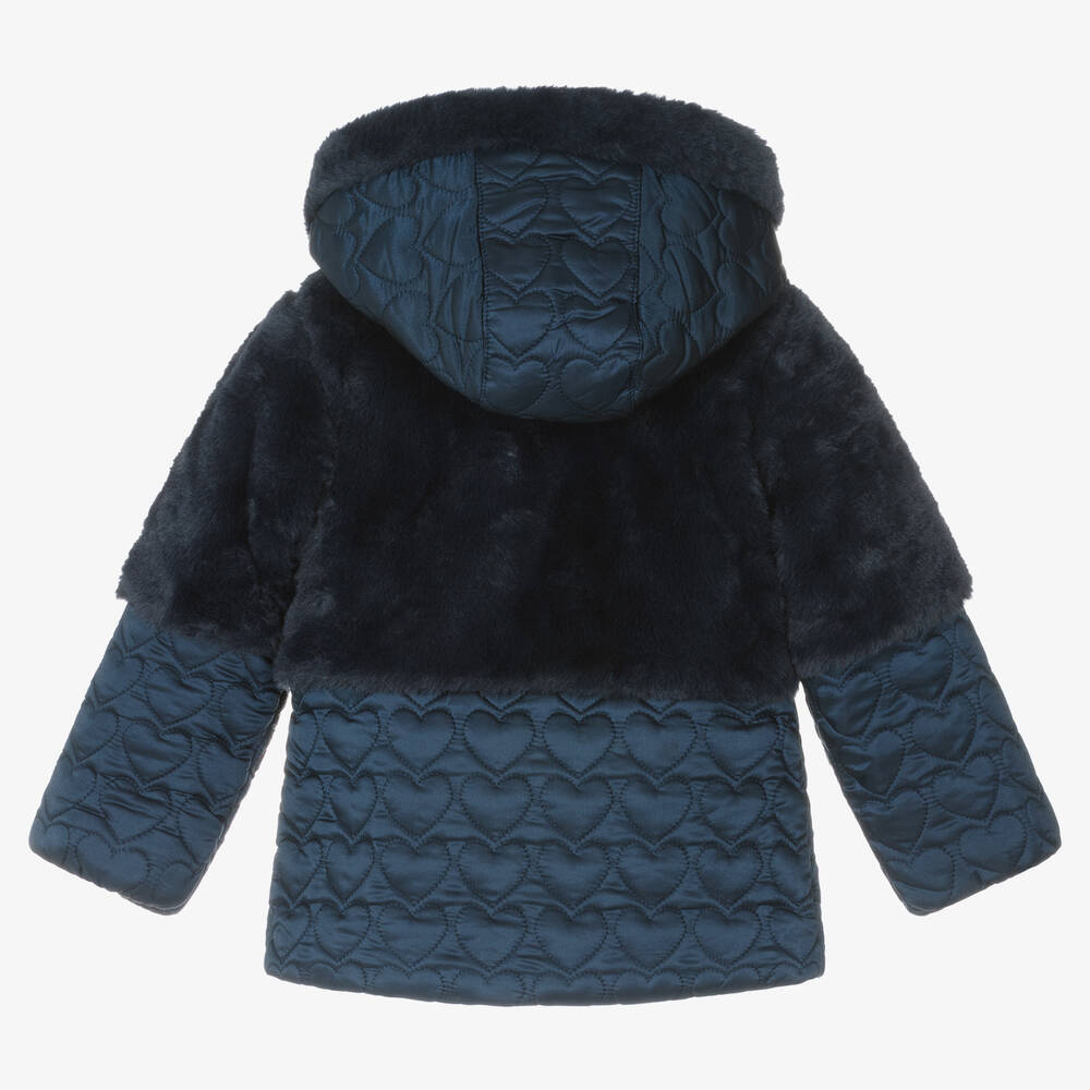 Boboli-Girls Navy Blue Quilted Faux Fur Coat | Childrensalon Outlet
