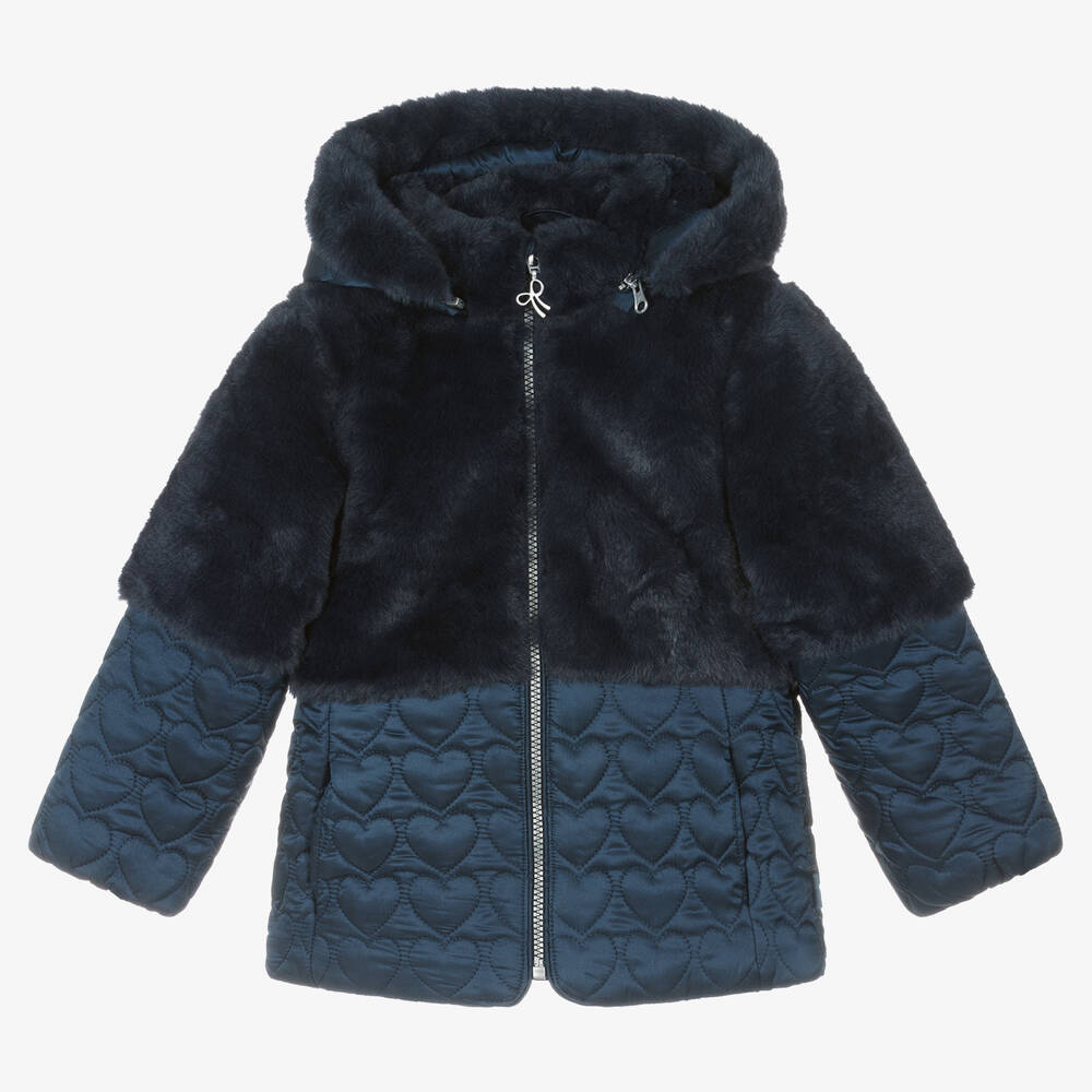 Boboli - Girls Navy Blue Quilted Faux Fur Coat | Childrensalon