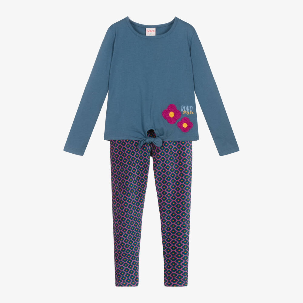 Boboli-Синий топ с легинсами из хлопка с цветами для девочек | Childrensalon Outlet