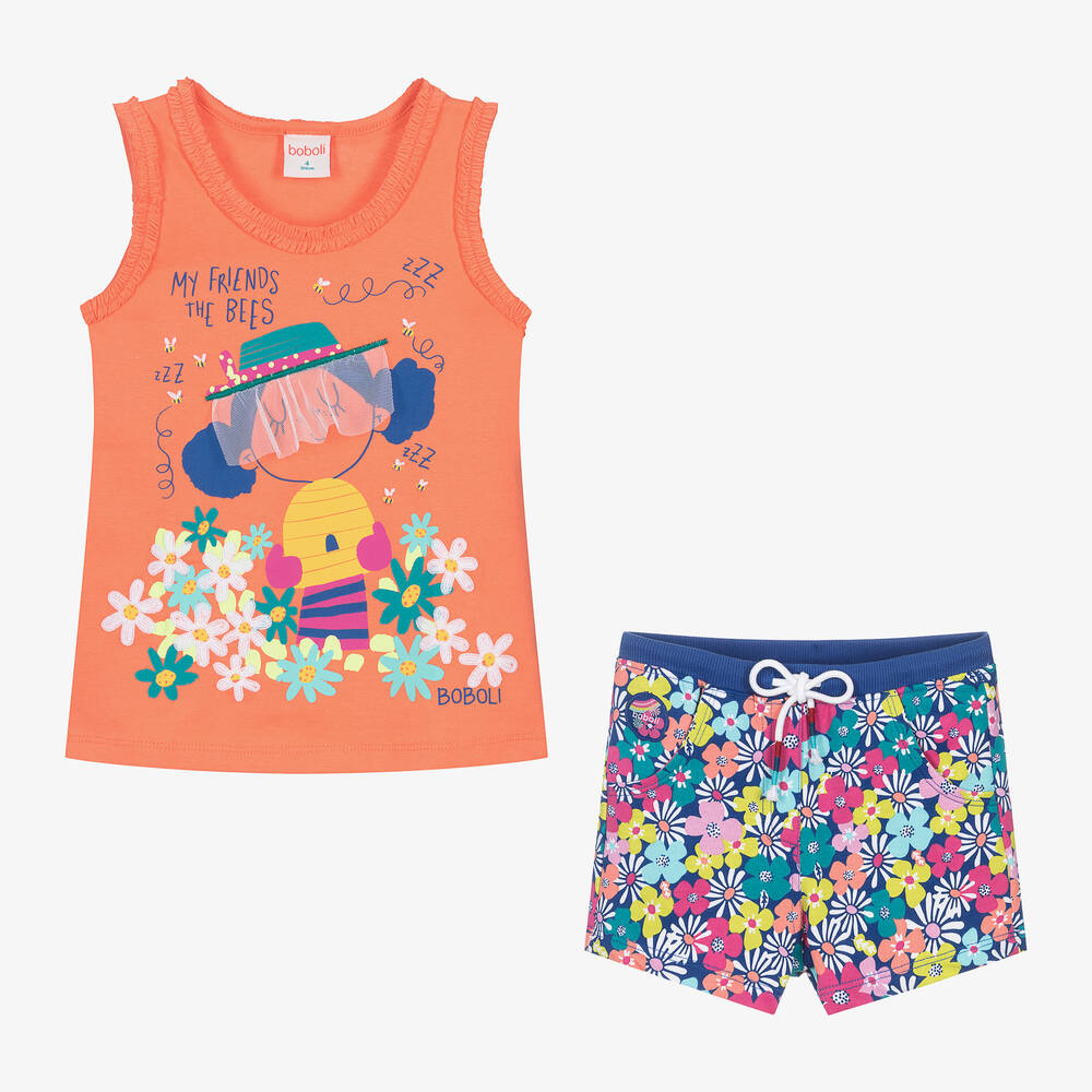 Boboli-Girls Orange & Blue Bee Shorts Set | Childrensalon Outlet