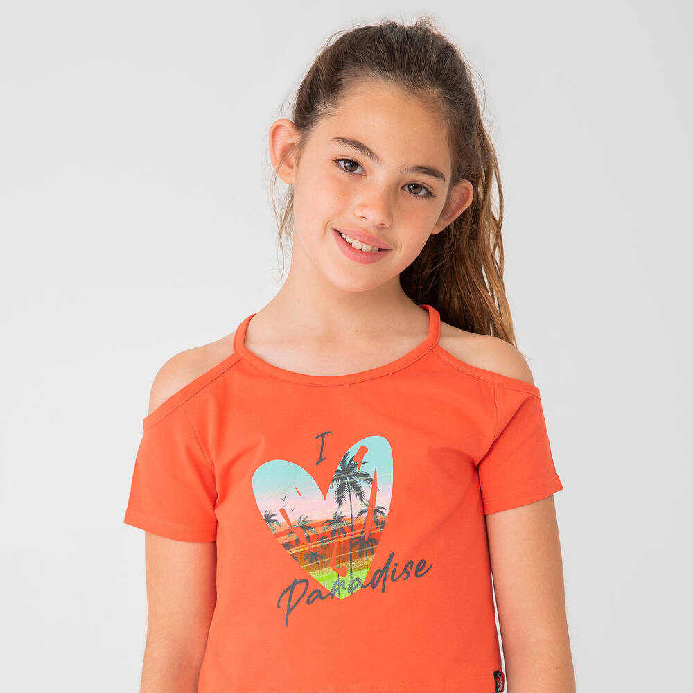 بوبولي-طقم شورت قطن جيرسي لون برتقالي للبنات | Childrensalon Outlet