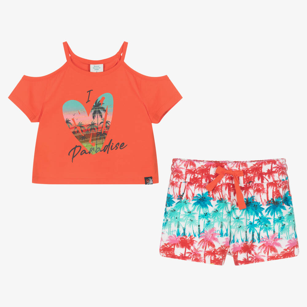 بوبولي-طقم شورت قطن جيرسي لون برتقالي للبنات | Childrensalon Outlet