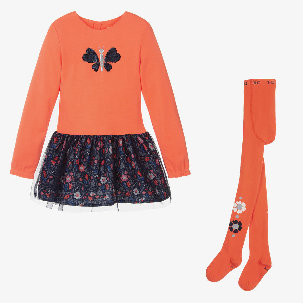 Boboli - Set aus orangefarbenem Jerseykleid und Strumpfhose für Mädchen | Childrensalon