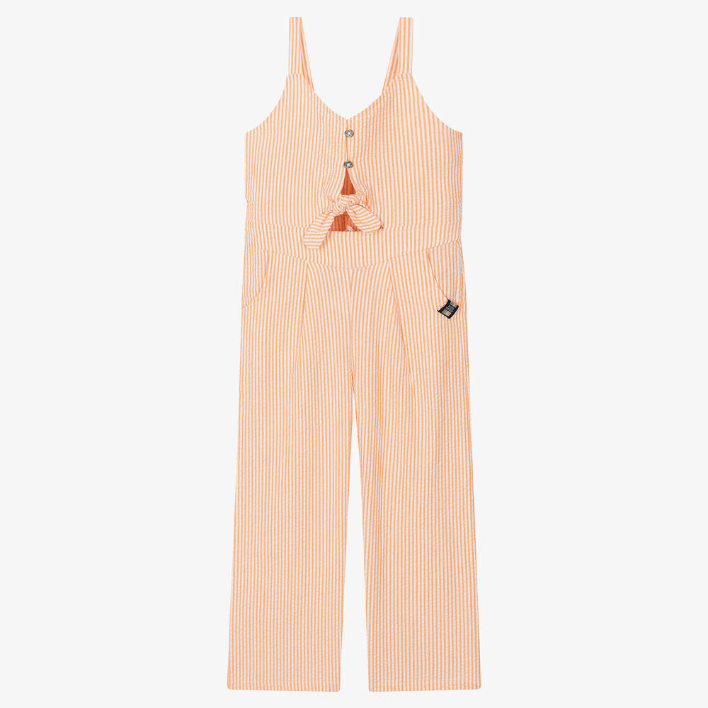 Boboli-Girls Orange Striped Seersucker Jumpsuit  | Childrensalon Outlet